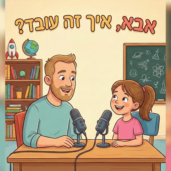 איור הלוגו של התוכנית: אבא וילדה יושבים מול מיקרופונים, ומעליהם הכותרת אבא, איך זה עובד?